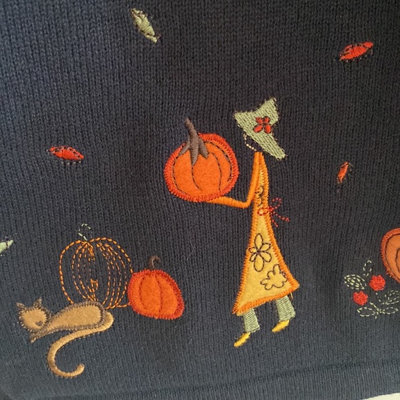 Christopher & Banks Navy Pumpkin Patch Cats Fall Leaves Sweater Set - Picture 3 of 8
